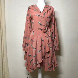 Lost & Wander Size M Feather Print Wrap Asymmetric Hem Dress Flare Skirt